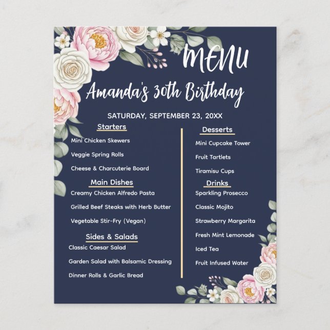 Floral Personalized Birthday Menu Program Card Flyer (Vorne)