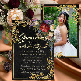 Floral, Photo & Gold Frame - Black Quinceanera  Folieneinladung
