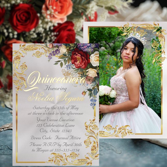 Floral, Photo & Gold Frame - Pearl2 Quinceanera  Folieneinladung (Von Creator hochgeladen)