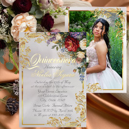 Floral, Photo & Gold Frame - Pearl2 Quinceanera  Folieneinladung