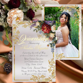 Floral, Photo & Gold Frame - Pearl Quinceanera  Folieneinladung
