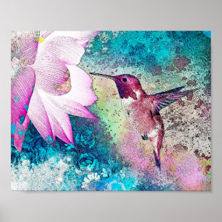 Floral Pink and Blue Vintage Hummingbird Art Print Poster
