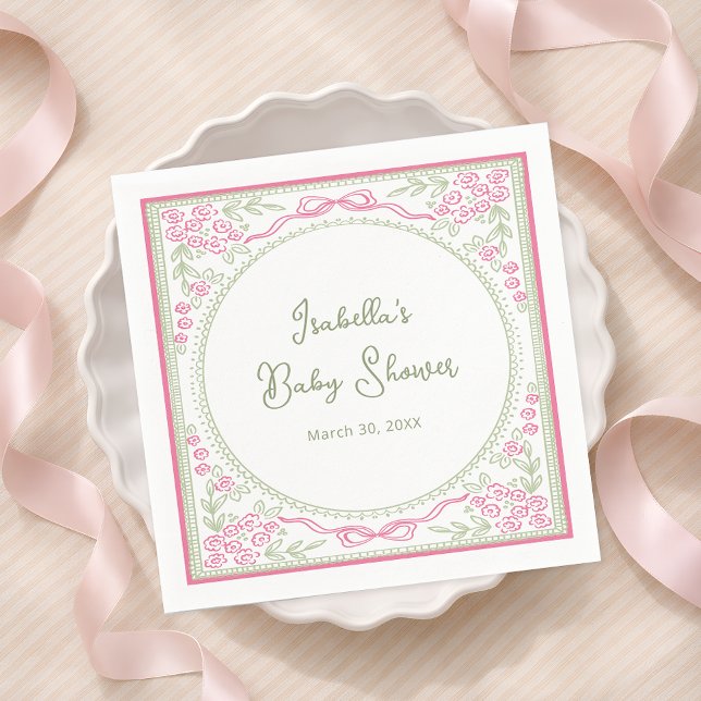 Floral Pink and Green Baby Shower Paper Napkin Serviette (Von Creator hochgeladen)