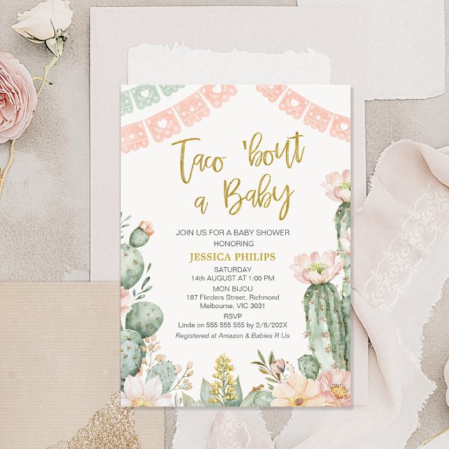 Floral Pink Banner Taco Bout Eine Baby-Dusche Einladung (Boho Blush Floral Taco 'bout a Baby baby Shower Invitation Template, Girls Taco 'bout a Baby Invite)