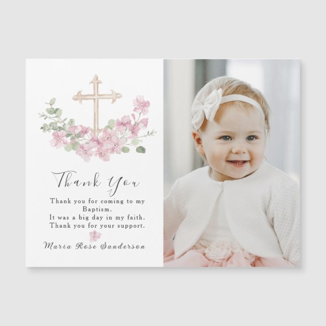 Floral Pink Baptism Cross Thank you Photo Magnet (Vorderseite)