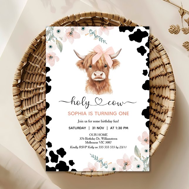 Floral Pink Black Highland Cow Holy Cow Birthday Einladung (Holy Cow Birthday Invitation, Highland Cow Birthday Invitation, Floral Holy Cow Invitation Template)