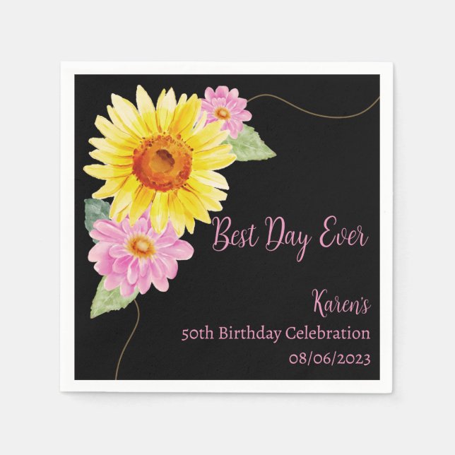 Floral Pink Black Yellow Monogram Birthday Napkins Serviette (Vorderseite)
