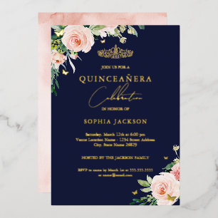 Floral Pink Blush Navy Quinceanera Geburtstag Folieneinladung
