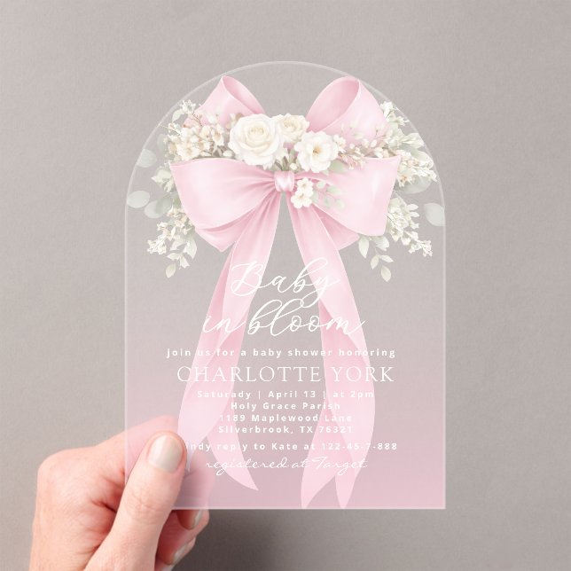 Floral Pink Bow Baby in Bloom Baby Shower Acryleinladungen (Insitu (Handheld))