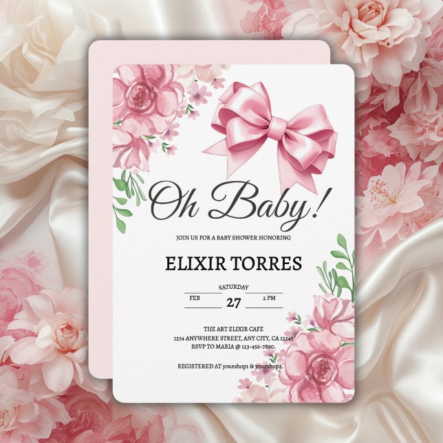 Floral Pink Bow Babydusche Einladung (Von Creator hochgeladen)