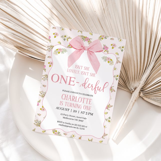Floral Pink Bow ist nicht sie hinterhältig 1. Gebu Einladung (Girls Isn't She Onederful 1st Birthday Invitation, Floral, Whimsical, Bow Onederful First Birthday )