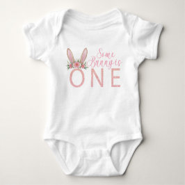 Floral Pink Bunny First Birthday Bodysuit Baby Strampler