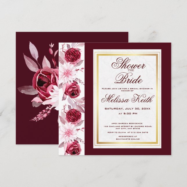 Floral Pink Burgundy Script Brautparty Square Einladung (Vorne/Hinten)