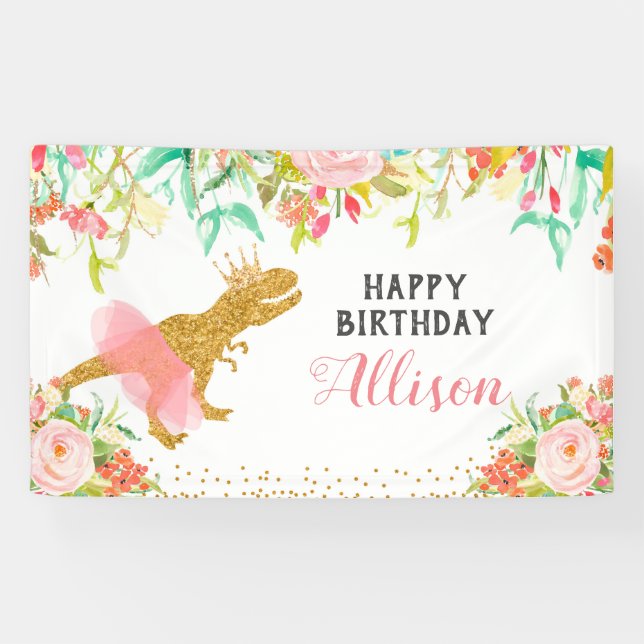 Floral Pink Dinosaurier Birthday Banner (Horizontal)