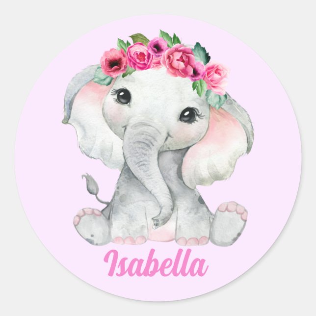 Floral Pink Elephant Personalisierter Name Runder Aufkleber (Vorderseite)