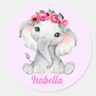 Floral Pink Elephant Personalisierter Name Runder Aufkleber