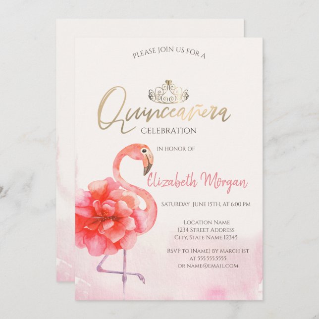 Floral Pink Flamingos Gold Tiara Quinceañera Einladung (Vorne/Hinten)