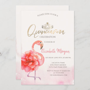 Floral Pink Flamingos Gold Tiara Quinceañera Einladung
