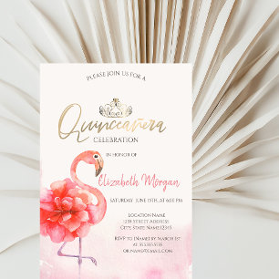 Floral Pink Flamingos Gold Tiara Quinceañera Einladung