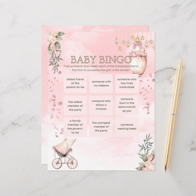 Floral Pink Girl Baby Dusche Bingo Spiel (Vorderseite/Rückseite Beispiel)