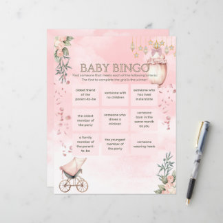 Floral Pink Girl Baby Dusche Bingo Spiel