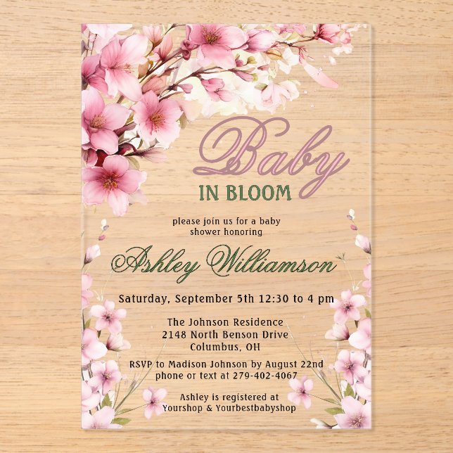 Floral Pink Girl Baby in Blütenfarbe Acryleinladungen (Vorderseite)