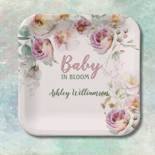 Floral Pink Girl Baby in Blütenfarbe Pappteller