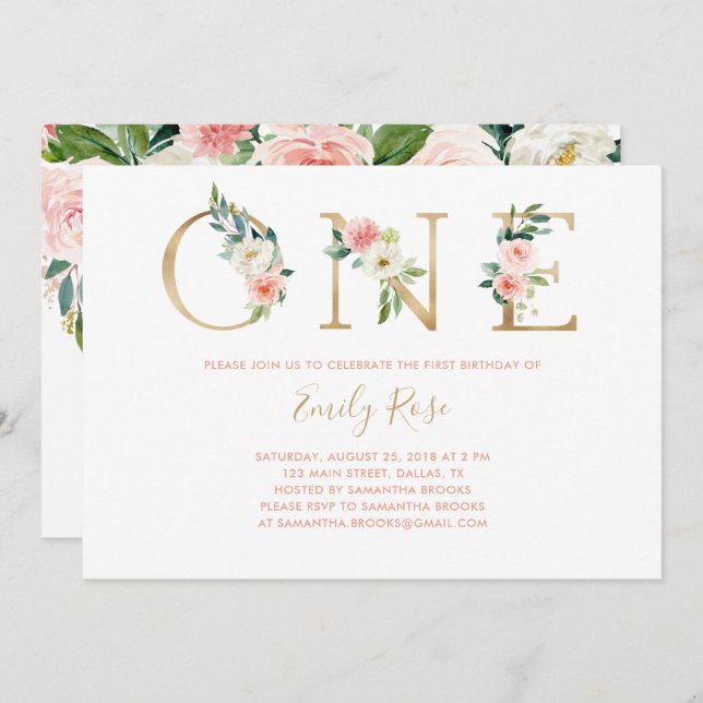 Floral Pink Gold 1. Geburtstag Party Einladung (Vorne/Hinten)
