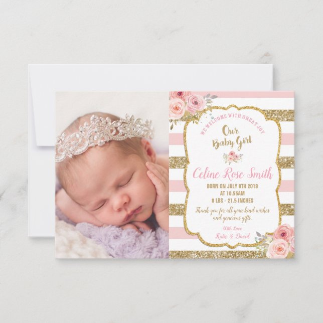 Floral Pink Gold Baby Girl Birth Foto Ankündigung (Vorderseite)