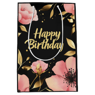 Floral Pink Gold Black Birthday Mittlere Geschenktüte