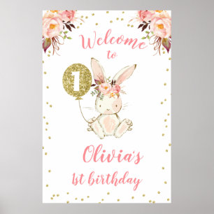 Floral Pink Gold Bunny 1. Geburtstag Willkommen Poster