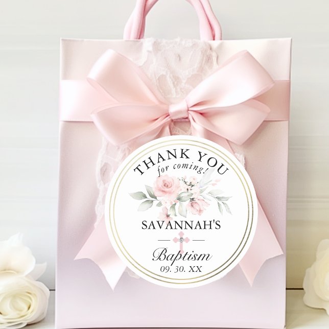 Floral Pink Gold Girl Taufe Vielen Dank Runder Aufkleber (Floral Pink Gold Girl Baptism Thank You Classic Round Sticker)
