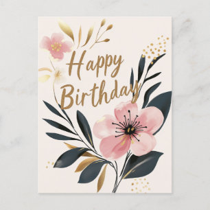 Floral Pink Gold Happy Birthday Postkarte