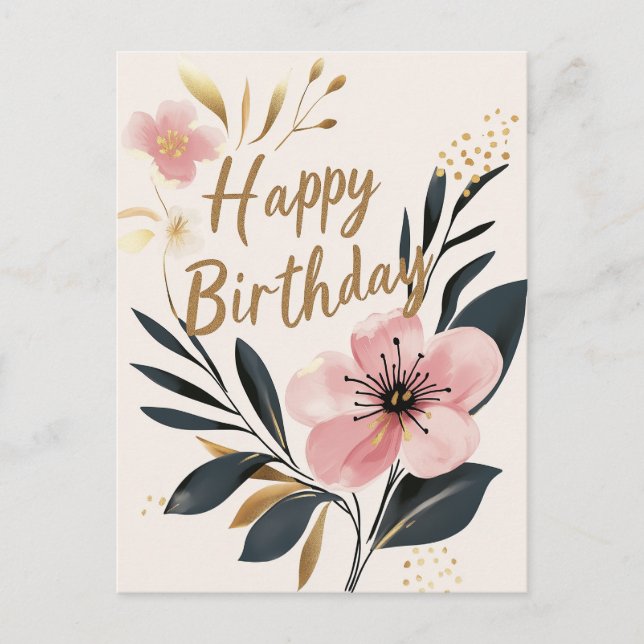 Floral Pink Gold Happy Birthday Postkarte (Vorderseite)