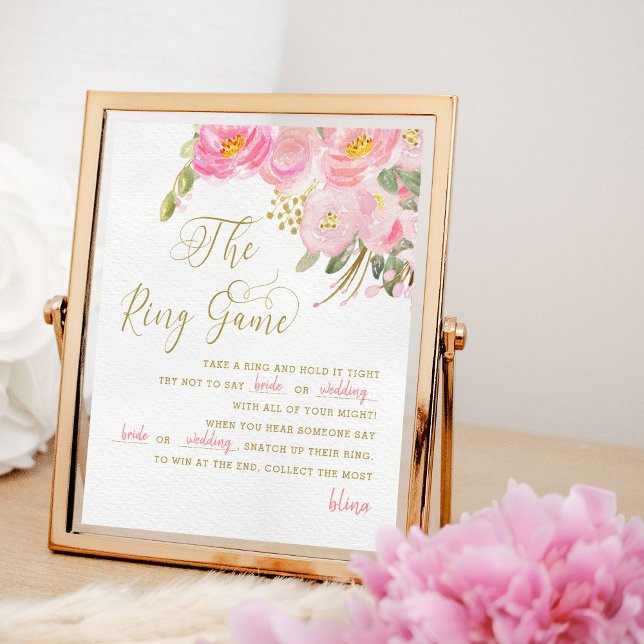 Floral Pink Gold Kalligrafie Ring Game Sign Poster (Ring Game poster from my Pink and Gold Watercolor Floral Bridal Shower Collection)