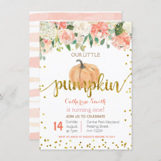 Floral Pink Gold Pumpkin 1. Geburtstag Einladung