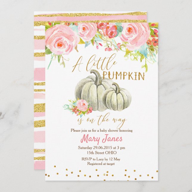 Floral Pink Gold Pumpkin Baby Dusche Einladung (Vorne/Hinten)