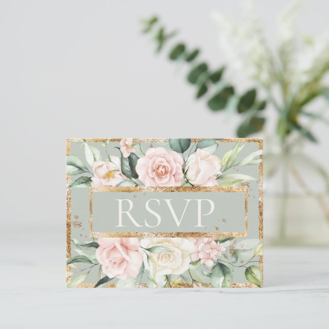 Floral Pink Gold Sage Green Quinceañera UAWG Postkarte (Stehend Vorderseite)