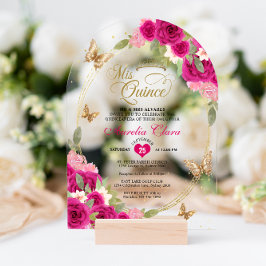 Floral Pink Gold Tiara Butterfly Quinceañera Arch Acryleinladungen