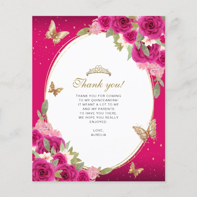 Floral Pink Gold Tiara Butterfly Quinceañera Photo (Vorderseite)