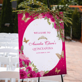 Floral Pink Gold Tiara Butterfly Quinceañera Poster