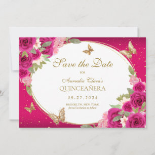Floral Pink Gold Tiara Butterfly Quinceanera Save The Date