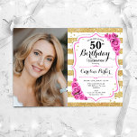 Floral Pink Gold Weißes Foto 50. Geburtstag Einladung<br><div class="desc">Elegante florale feminine 50. Geburtstagseinladung mit Ihrem Foto. Glam,  weiß und Baby rosa mit Imitaten Glitzer Gold. Enthält Streifen,  hellrosa Rose,  Skript-Schriftart und Konfetti. Ideal für ein stilvolles Party für Erwachsene. Personalisieren Sie Ihre persönlichen Daten. Kann für jedes Alter angepasst werden! Gedruckte Zazzle Einladungen oder Sofortdownload digitalen druckbaren Vorlage.</div>