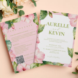 Floral Pink Green Summer Watercolor QRcode Wedding Einladung