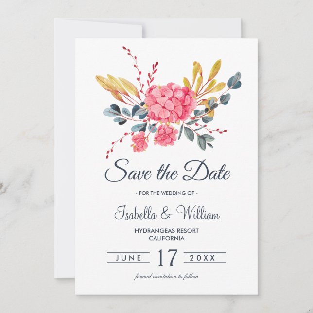 Floral Pink Hydrangeas Bouquet Save the Date (Vorderseite)