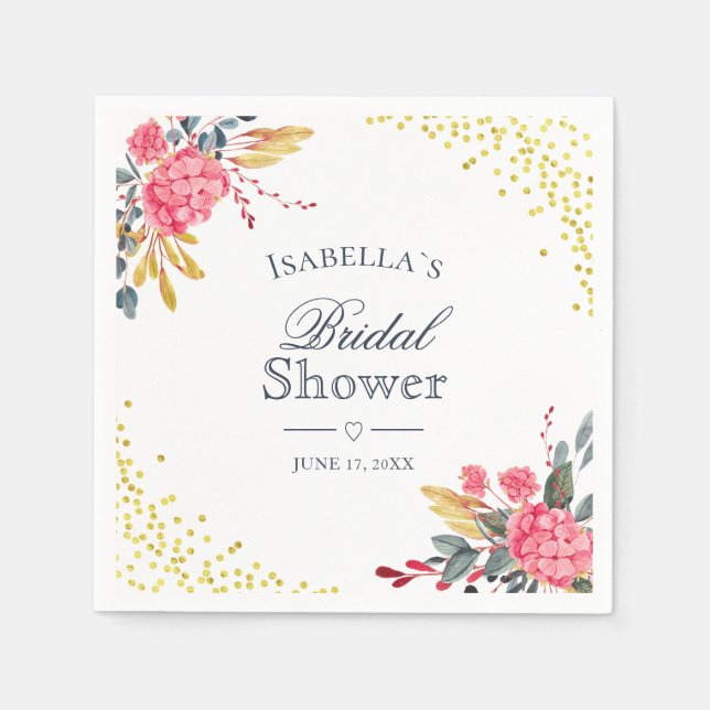 Floral Pink Hydrangeas Imitate Gold Brautparty Serviette (Vorderseite)