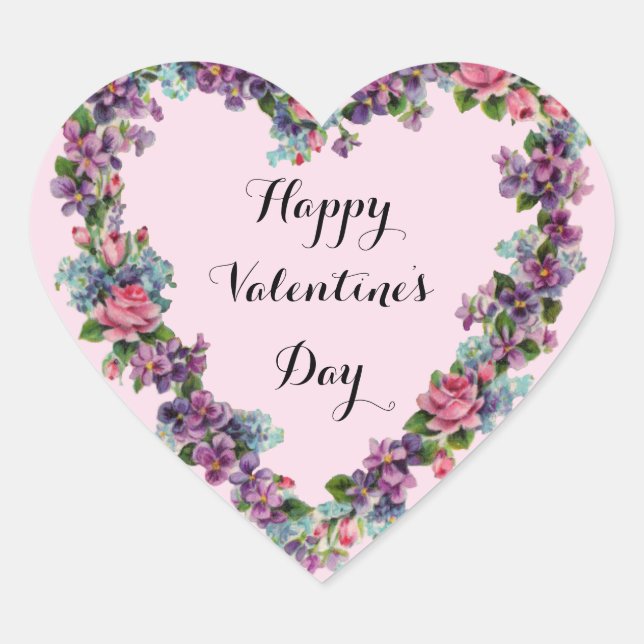 Floral Pink Kalligraphie Happy Valentinstag Herz-Aufkleber (Vorderseite)