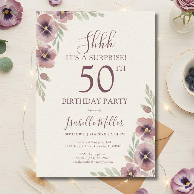 Floral Pink Mauve Surprise 50th Birthday Einladung (Floral Pink Mauve Surprise 50th Birthday Invitation)