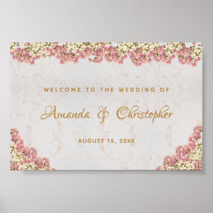 Floral Pink Orchids Marble Wedding Welcome Sign Poster