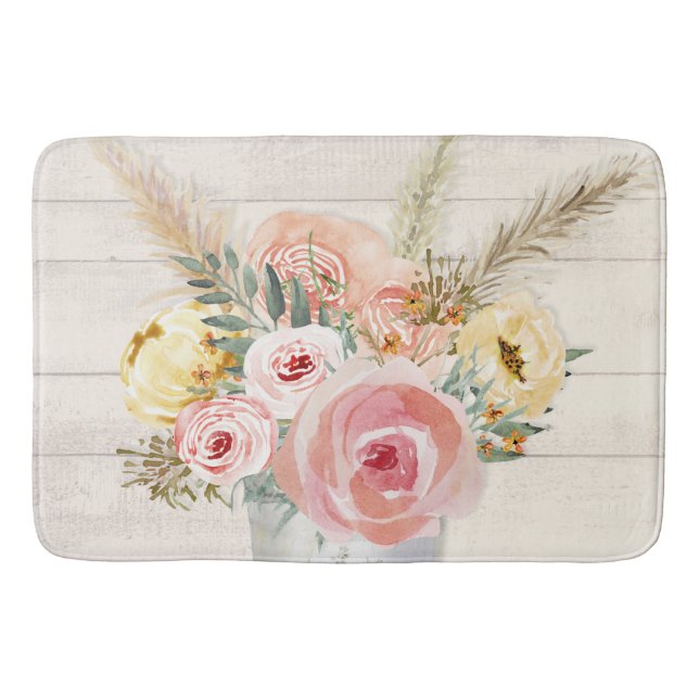 Floral Pink Pampas Hütte Chic Wood Wasserfarbe Badematte (Vorderseite)